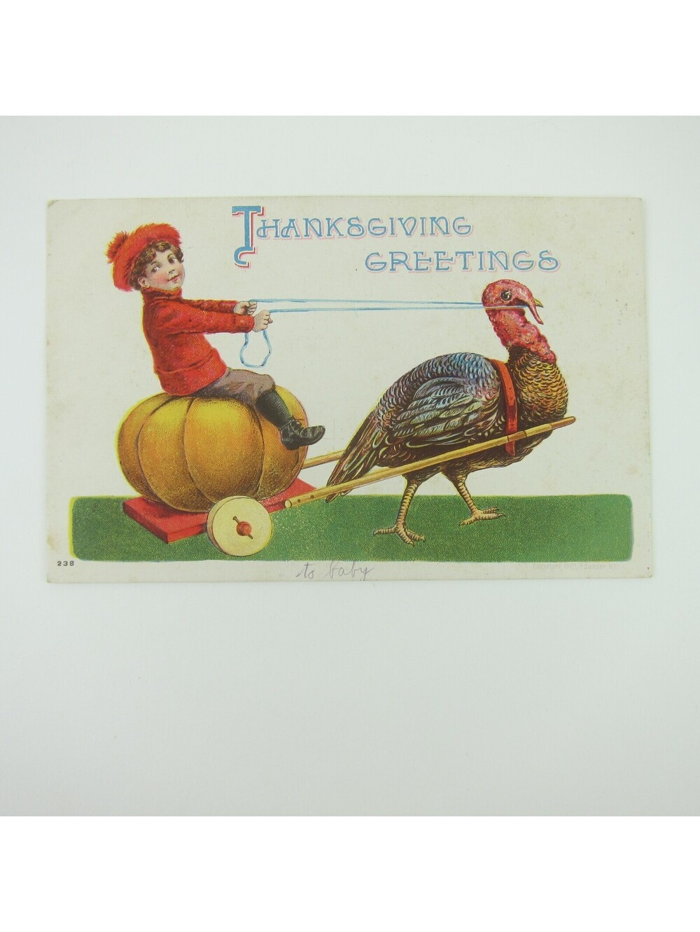 Thanksgiving Postcard Wild Turkey Cart Boy Rides Pumpkin Embossed Antique